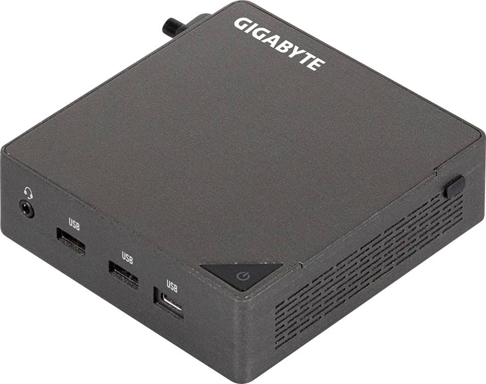 GIGABYTE Mini-Desktop-Computer mit Stromschalter, Kopfhöreranschluss und drei USB-Anschlüssen an der Vorderseite.