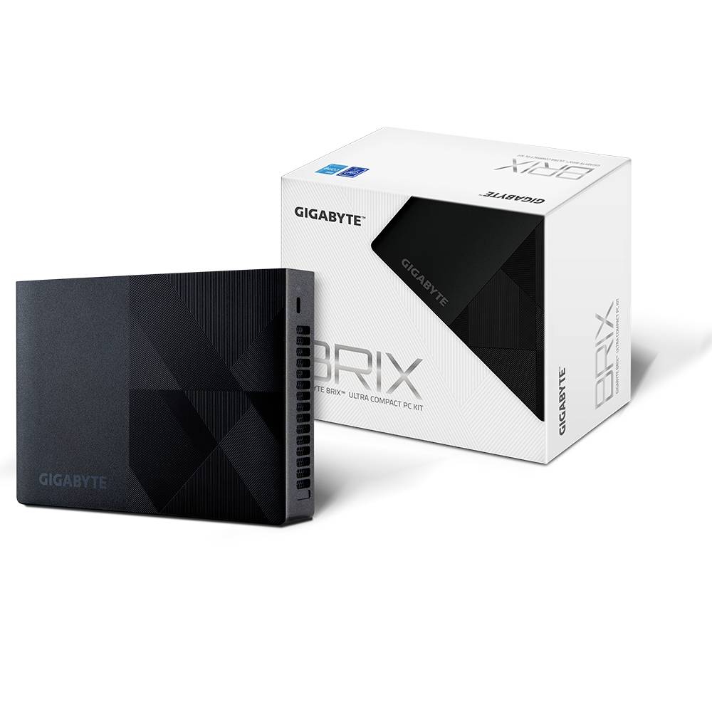 Gigabyte BRIX Mini-PC neben seiner Einzelhandelverpackung auf weißem Hintergrund gezeigt.