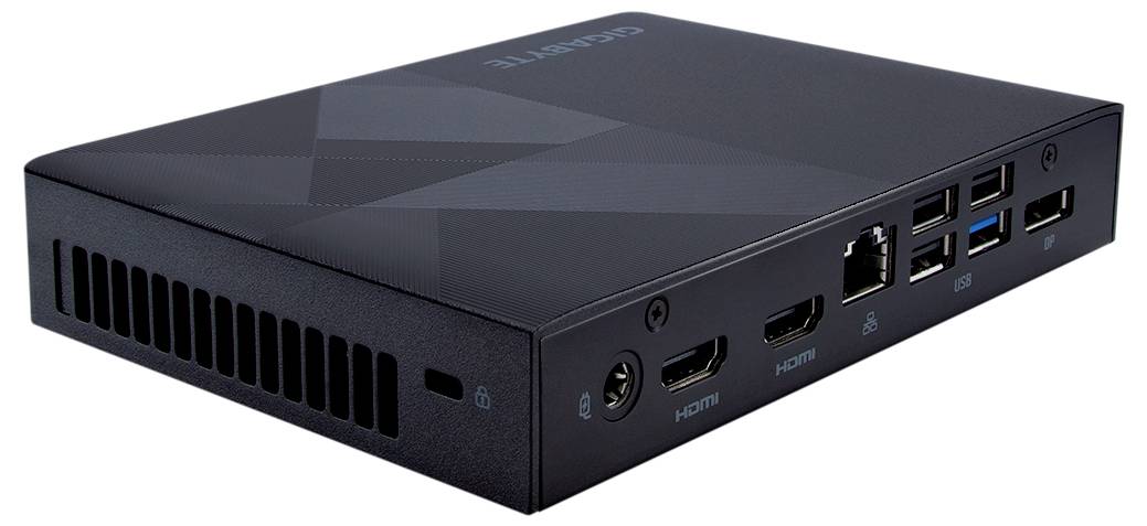 Schwarzer Mini-Desktop-Computer mit vorderen und seitlichen Anschlüssen, einschließlich USB, HDMI, Audio und Belüftungsschlitzen.