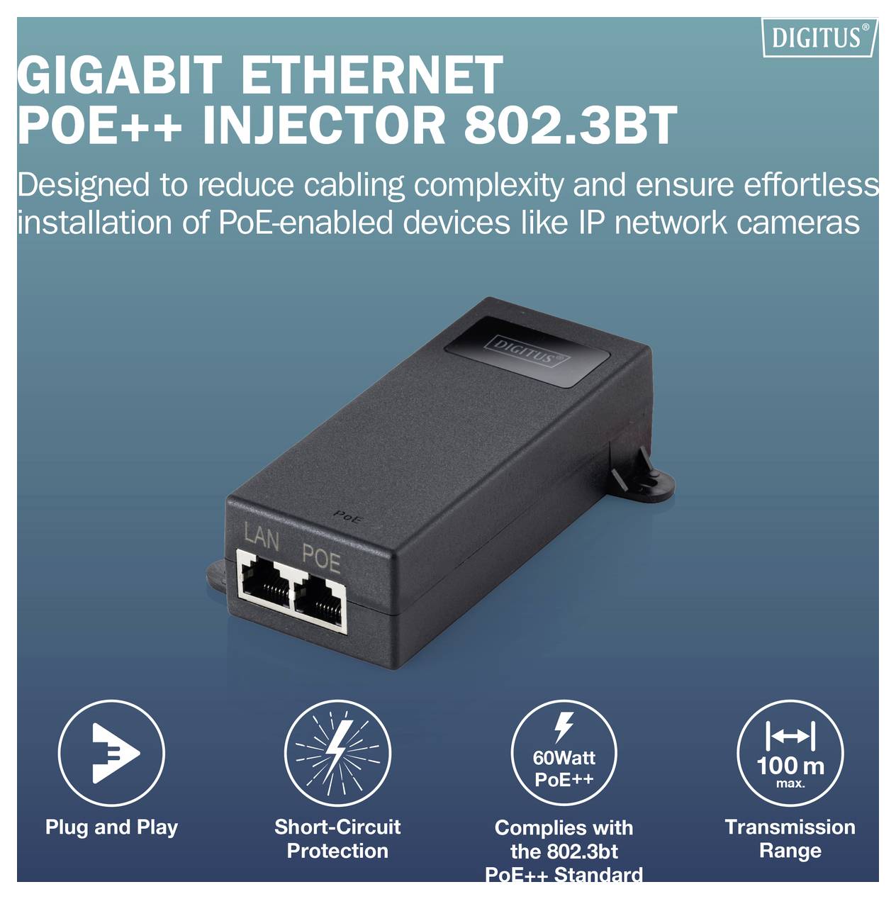 Digitus PoE Injektor 10 / 100 / 1000 MBit/s IEEE 802.3bt-1