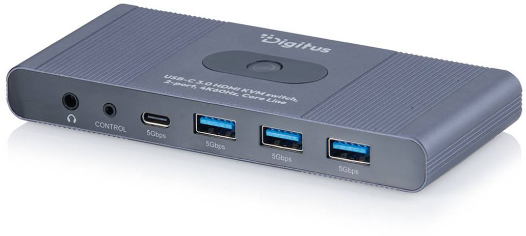 Digitus USB-C 4-Port-KVM-Schalter-Box mit vorderen Anschlüssen, einschließlich Kopfhörerbuchse, Steuerungsport, USB-C und drei USB-A-5Gbps-Anschlüssen.