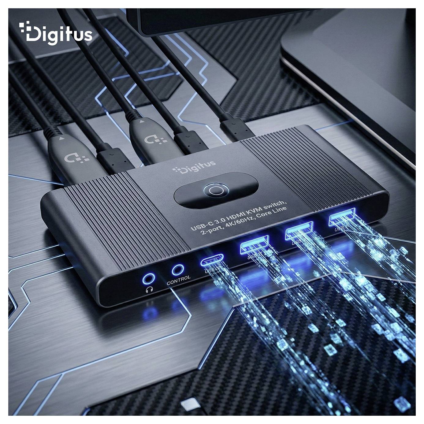 Digitus USB-C-Hub mit vier angeschlossenen Kabeln und leuchtenden Datenfluss, beschriftet mit „USB-C 3.0 HDMI KVM Switch, 2-Port, 4K/60Hz, Core Line".