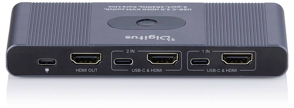 Vorderansicht eines schwarzen J5create-Docking-Adapters mit mehreren Anschlüssen, beschriftet mit HDMI OUT, USB-C & HDMI und USB-C-Eingang, zum Verbinden von Displays und Geräten.
