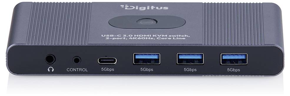 Digitus USB-C-Hub mit vier vorderen Anschlüssen: Kopfhörerbuchse, Steuerport und drei USB-5-Gbps-Anschlüsse auf einem dunklen, kompakten Gerät.