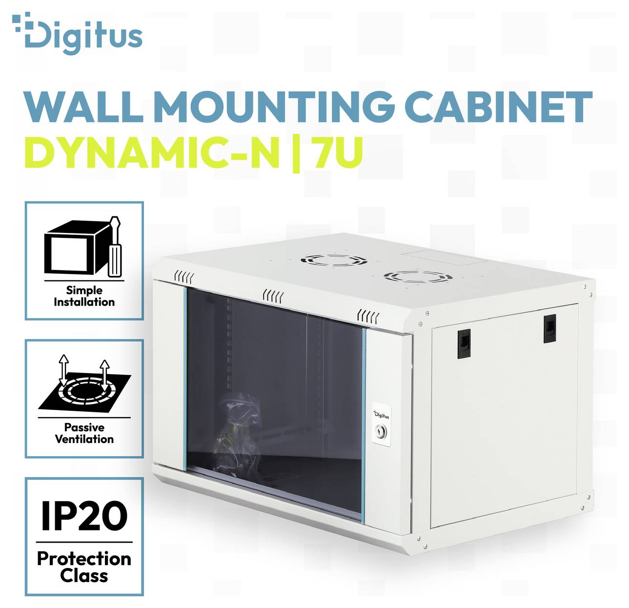 Digitus Wandmontage-Schrank Dynamic-N 7U, gezeigt mit einfacher Installation, passiver Belüftung und IP20-Schutzklasse-Symbolen.
