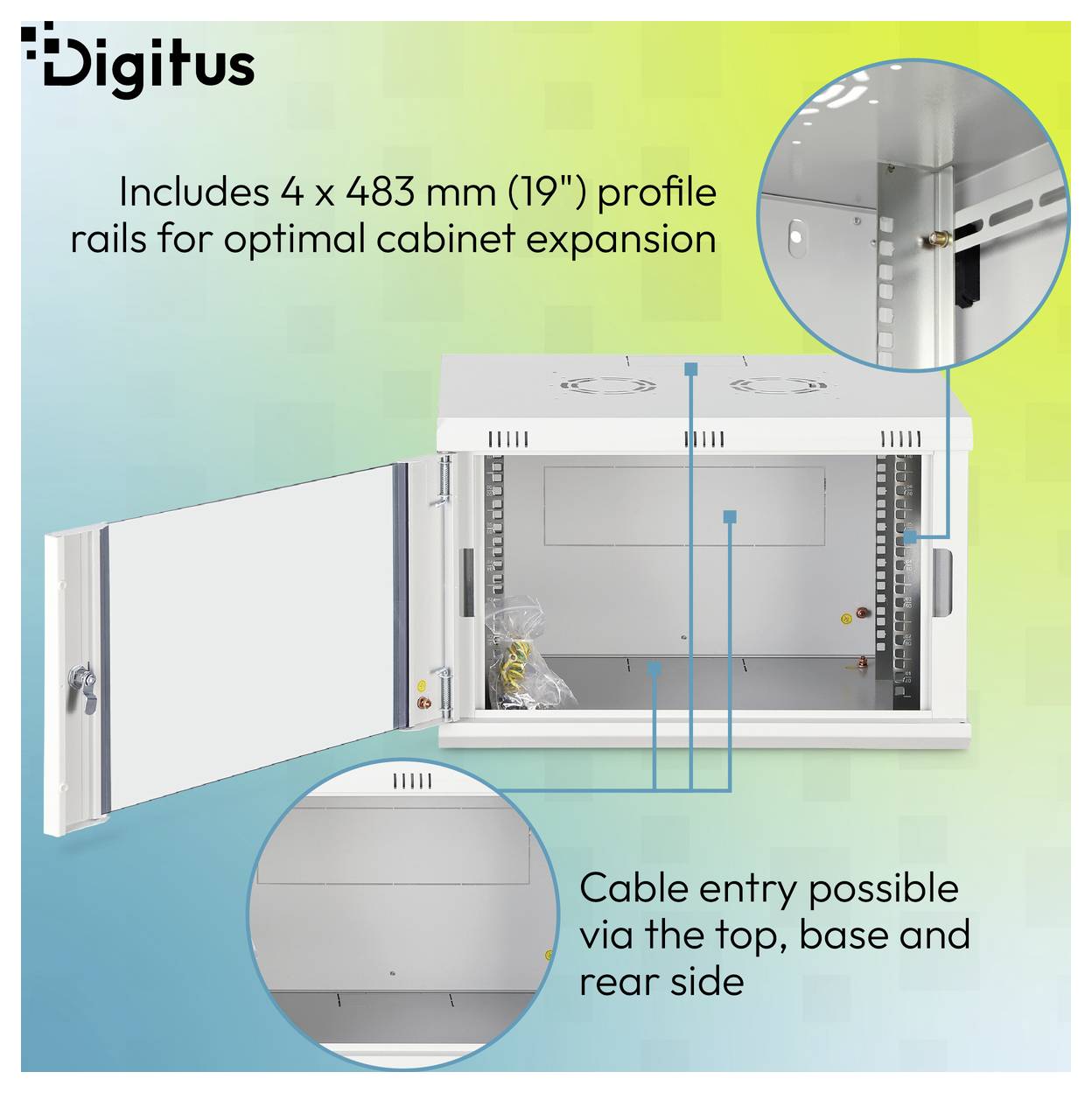 Digitus Schrankanleitung mit Diagramm showing 4 x 483 mm (19") Profilschienen zur Schrankvergrößerung und Kabeleinführung oben, unten und hinten.