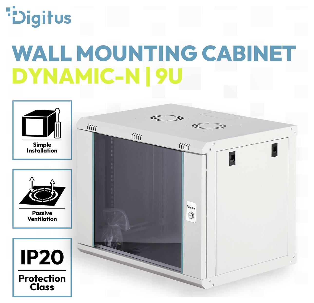 Digitus Wandmontage-Schrank Dynamic-N 9U, weiß, mit Symbolen für „Einfache Installation", „Passive Belüftung" und Schutzart IP20.