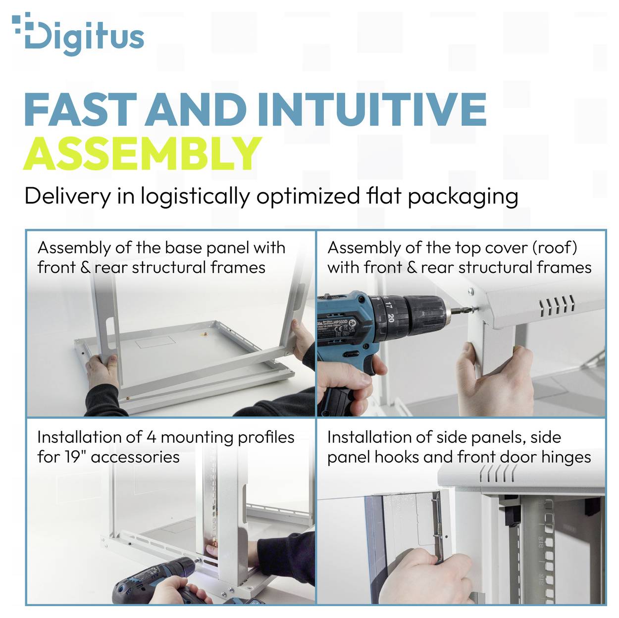 Infografik von Digitus zum Thema „Schnelle und intuitive Montage" in Flachpackverpackung mit vier Schritten: Bodenpanel, Dach, Befestigungsprofile, Seitenpaneele und Scharniere.