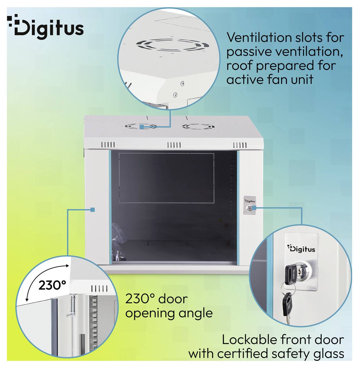 Digitus Server-Schrank mit Belüftungsschlitzen, 230° Türöffnungswinkel und abschließbarer Vordertür mit zertifiziertem Sicherheitsglas.