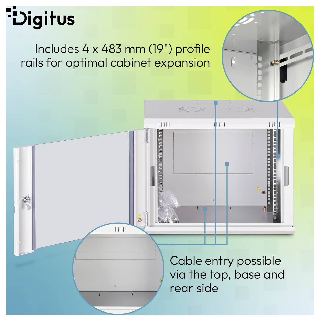 Digitus Wandmontierter Schrank mit geöffneter Tür und Beschriftungen, die 4 x 483 mm Profilschienen sowie Kabeleinführung über die Ober-, Unterseite und Rückseite zeigen