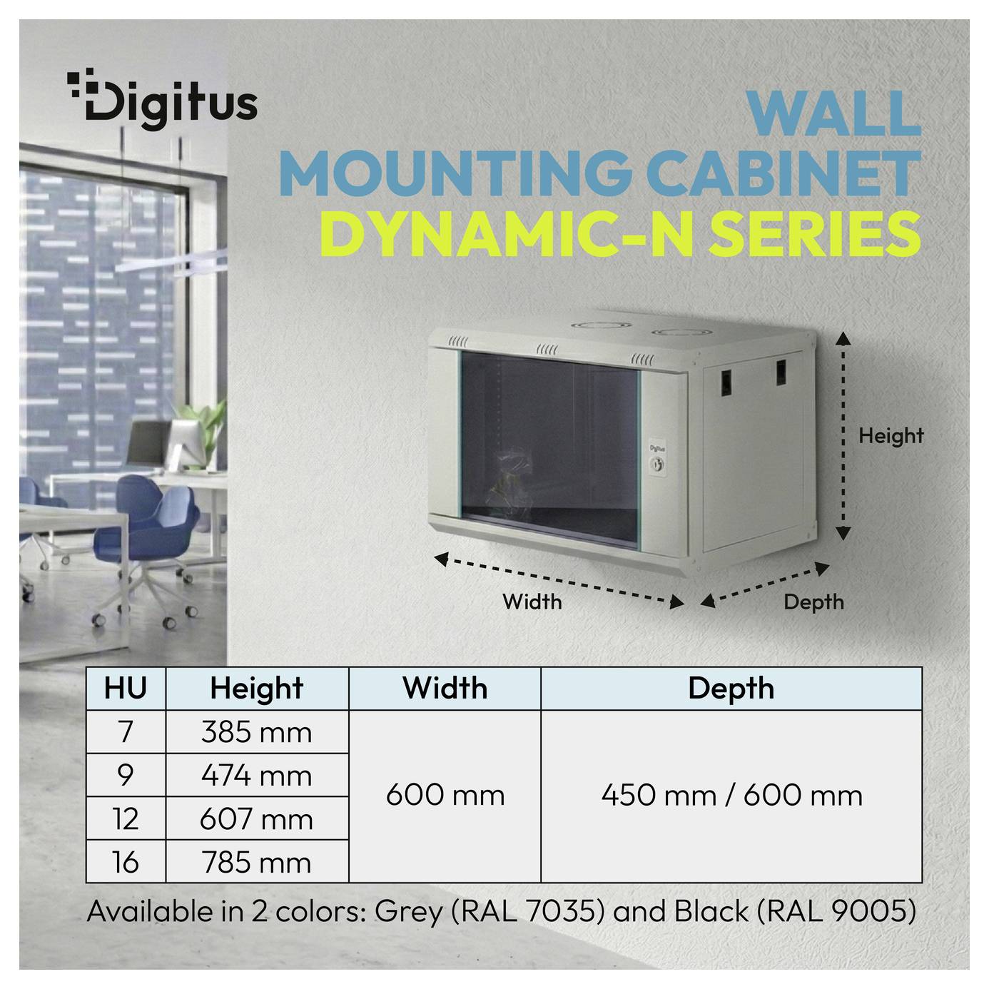 Digitus Wandschrank-Montage dynamic-N Serie mit Dimensionsdiagramm und Tabelle: HU 7, 9, 12, 16; Höhen 385, 474, 607, 785 mm; Breite 600 mm; Tiefe 450 mm oder 600 mm.