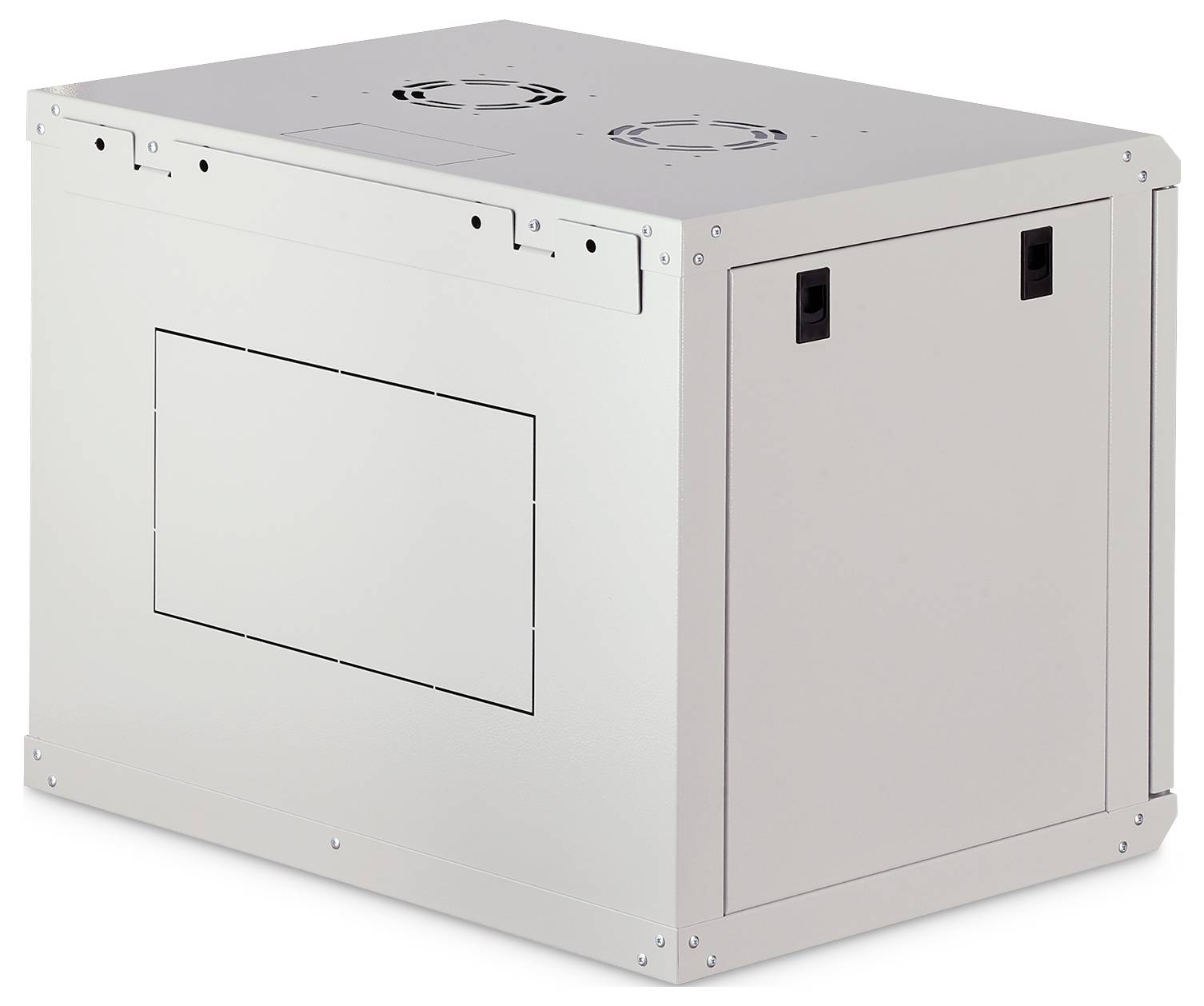Ein silbernes Metallausrüstungsgehäuse oder Serverschrank mit einer vorderen Zugriffsblende und Belüftungsventilatoren oben, shown auf weißem Hintergrund.
