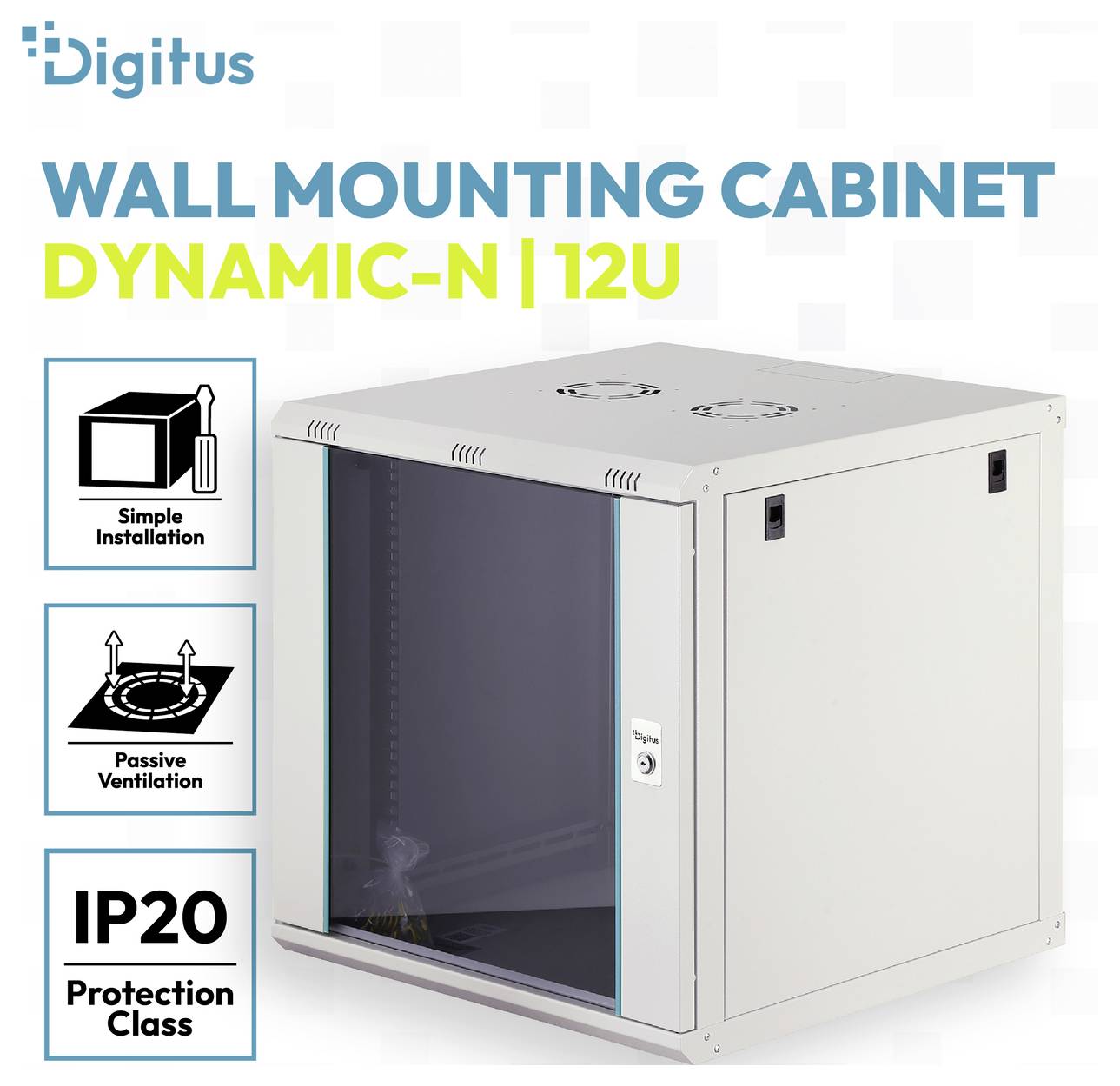 Digitus Wandmontage-Schrank Dynamic-N 12U, mit einfacher Installation, passiver Belüftung und Schutzart IP20.