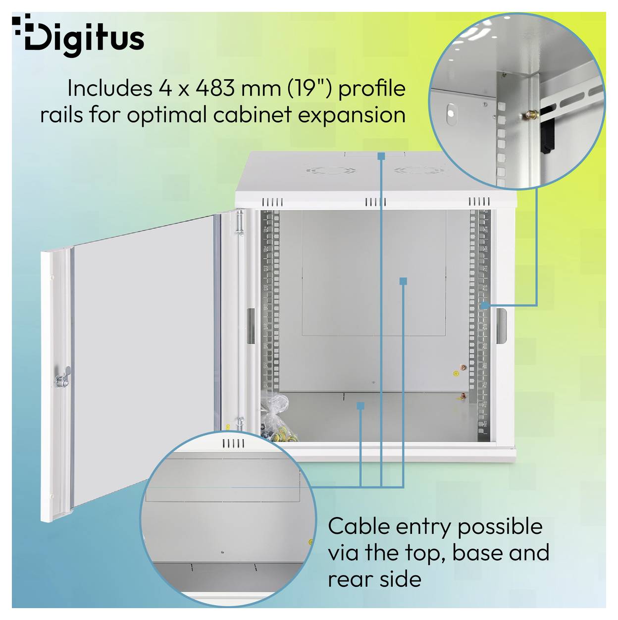 Digitus-Schrank mit 4 x 483 mm (19")-Profilschienen; Kabeleinführung verfügbar durch die Oberseite, den Boden und die Rückseite.
