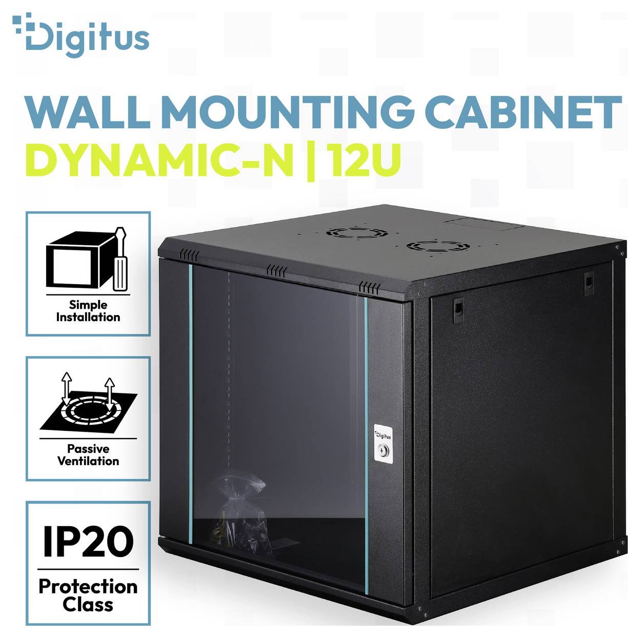 Produktbild eines schwarzen Digitus Wandmontage-Schranks „Dynamic-N | 12U" mit Glastür, mit Hervorhebung der einfachen Installation, passiven Belüftung und Schutzart IP20.