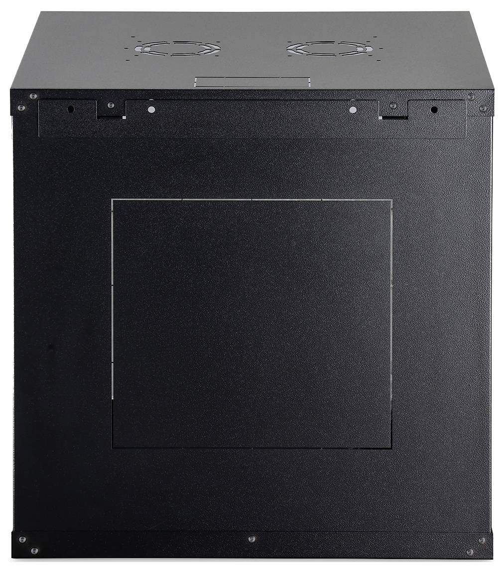 Schwarzes Metall-Computergehäuse oder Server-Chassis, Vorderansicht mit großem quadratischem Zugriffspanel und Belüftungslüftern an der Oberseite.