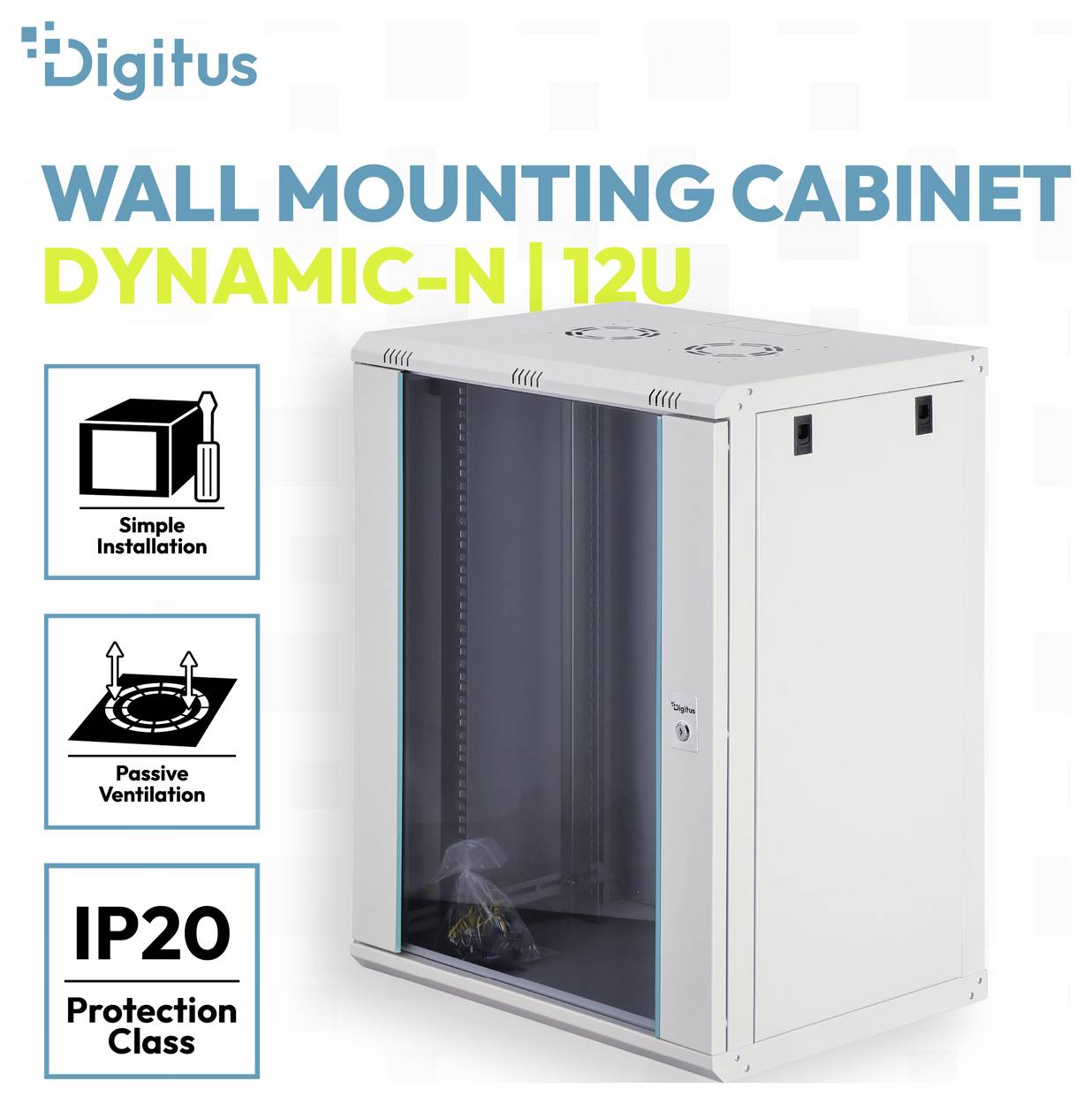 Produktabbildung eines Digitus 'Wandmontage-Schranks Dynamic-N 12U' mit Glastür vorne, zeigt einfache Installation, passive Belüftung und Schutzart IP20.