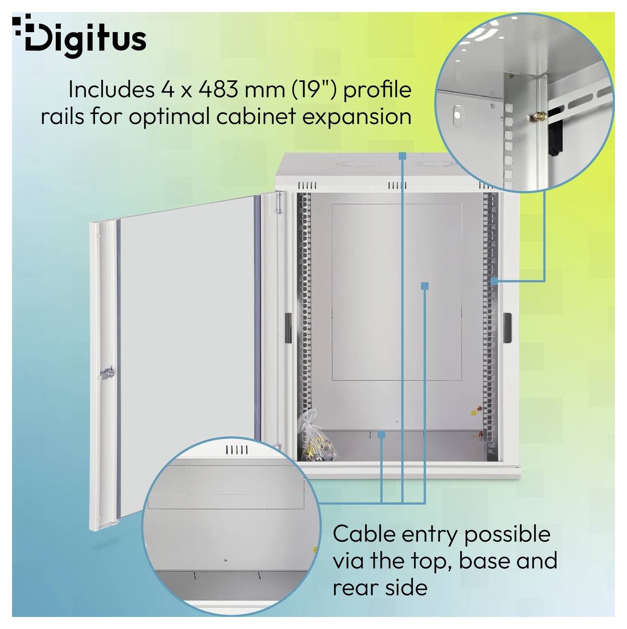 Digitus-Schrank mit geöffneter Tür, zeigt 4 x 483 mm (19")-Profilschienen und Kabeleinführung von oben, Basis und Rückseite.