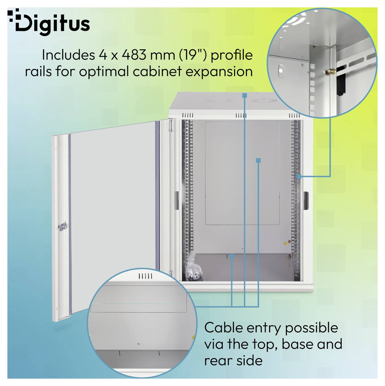 Digitus-Schrank mit 4 x 483 mm (19")-Profilschienen zur Erweiterung und Kabeleinführung über Oberseite, Basis und Rückseite.