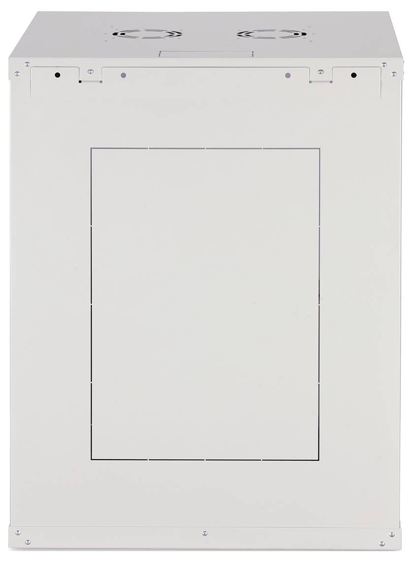 Weißes Metallschranktor oder -panel mit großem zentriertem rechteckigem Umriss und Befestigungslöchern entlang der oberen und unteren Kanten.