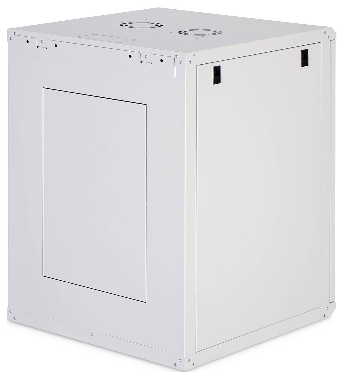 Weißer Metallschrank oder Server-Gehäuse mit Zugriffspanel an der Vorderseite und zwei kreisförmigen Lüftungsöffnungen oben, abgebildet auf einfachem Hintergrund.