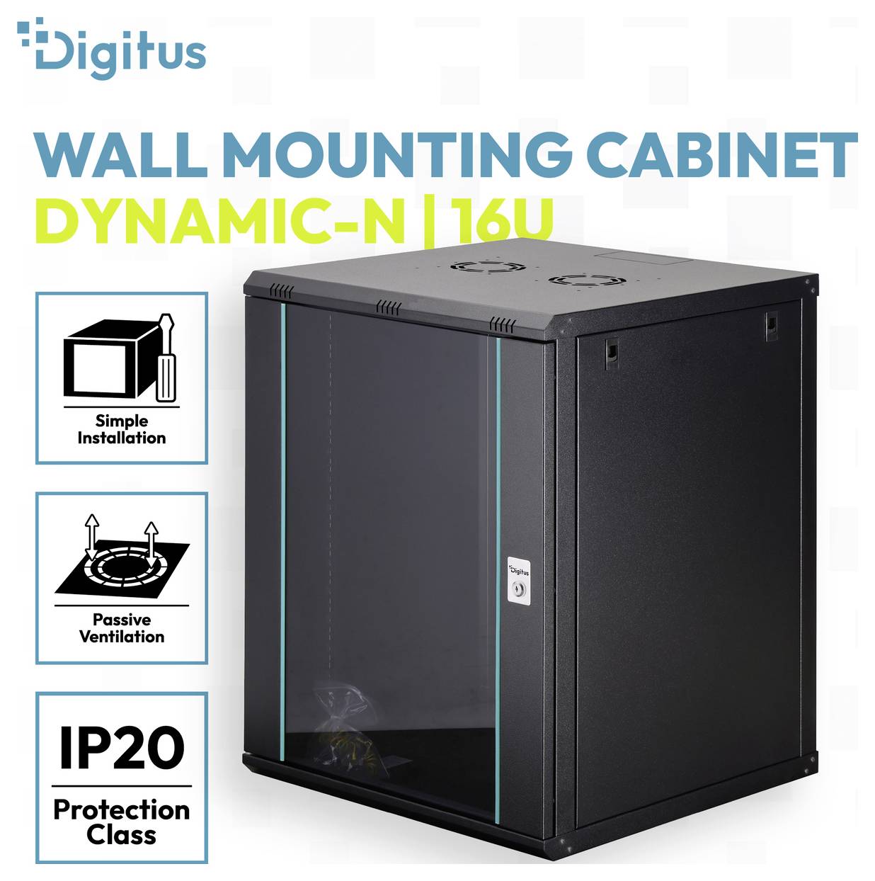 Digitus Wandmontage-Schrank Dynamic-N 16U mit Glastür, zeigt einfache Installation, passive Belüftung und Schutzart IP20.