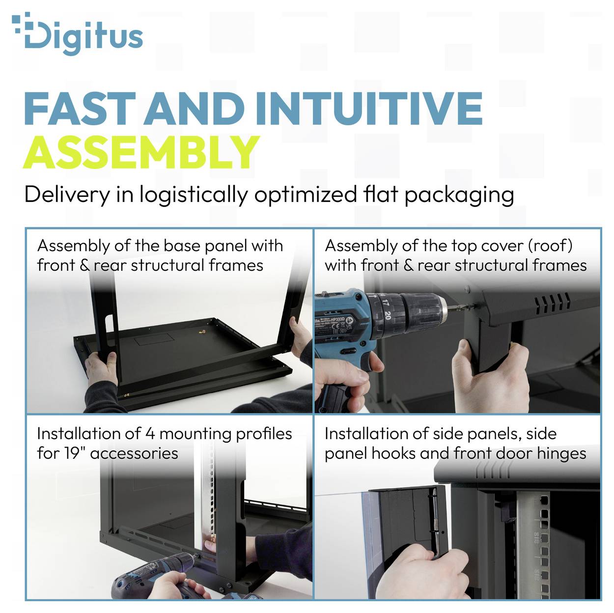 Digitus-Plakat mit der Aufschrift „Schnelle und intuitive Montage" für ein Rackgehäuse, mit vier Schrittfotos: Basisplatte, obere Abdeckung, Montageschienen und Seitenpaneele.