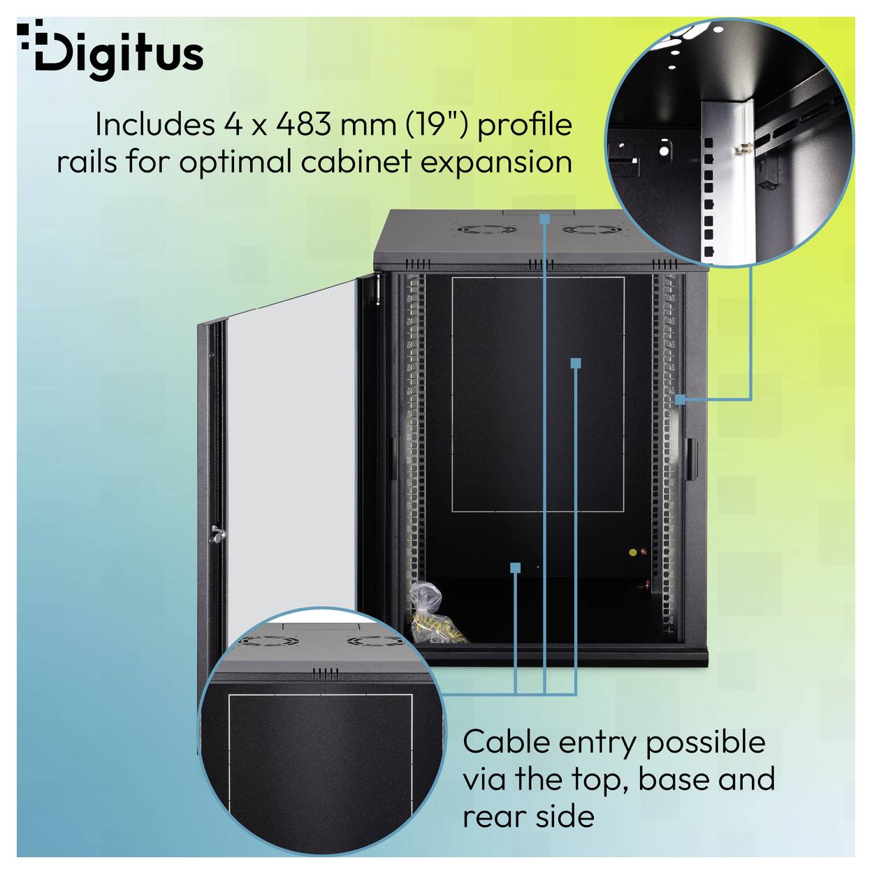 Digitus-Schrank mit 4 x 483 mm (19")-Profilschienen zur Erweiterung; Kabeleinführung ist über die Oberseite, Basis und Rückseite möglich.