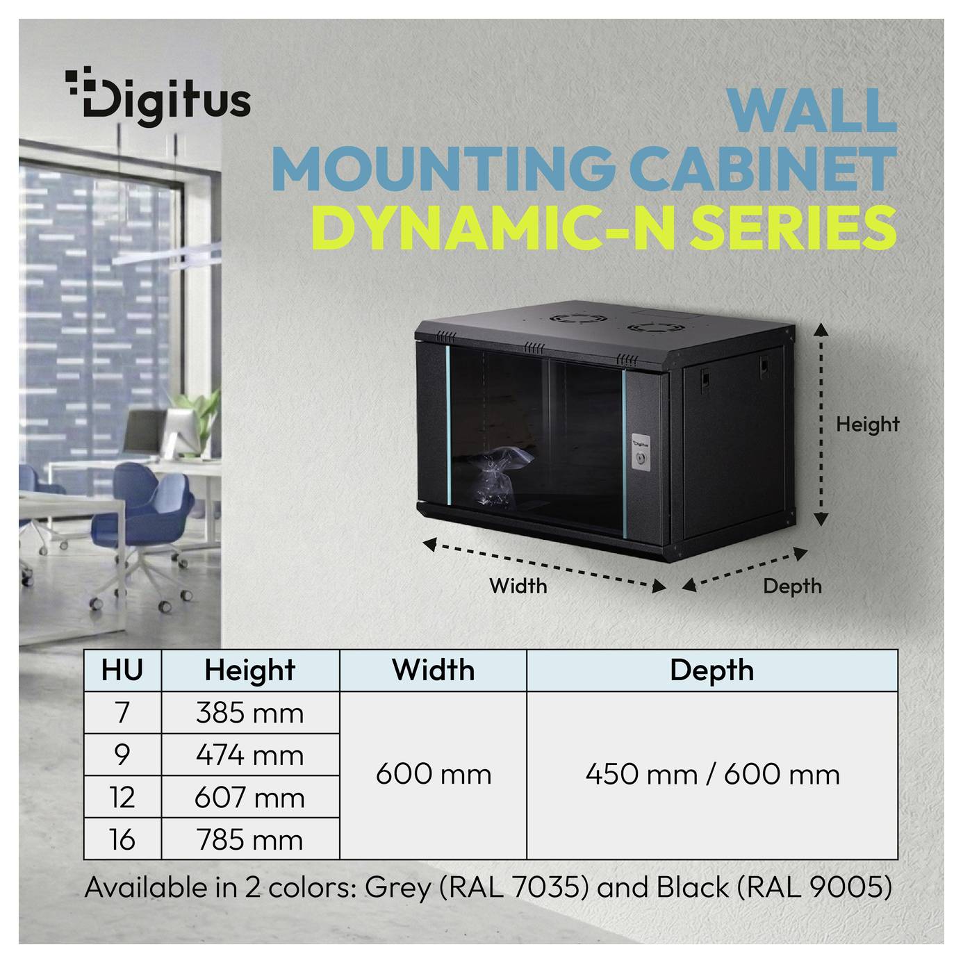Digitus Wandmontageschrank Dynamic-N Serie mit schwarzem Schrankgehäuse, zeigt Größenübersicht für HU 7, 9, 12, 16 und Abmessungen 600 mm breit, 450/600 mm tief, 385-785 mm hoch.