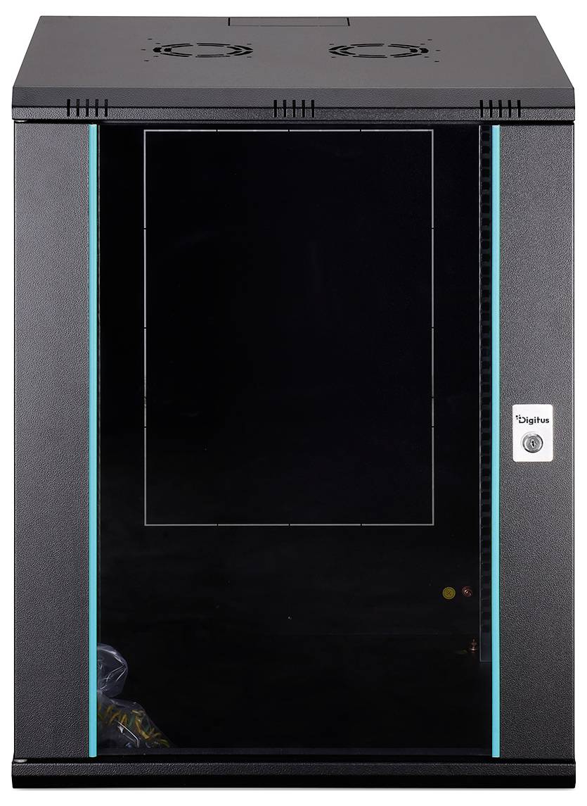 Schwarzes Server-Rack-Schrank mit Glastür vorne und cyan-farbigen vertikalen Akzenten, geschlossen vor weißem Hintergrund dargestellt.