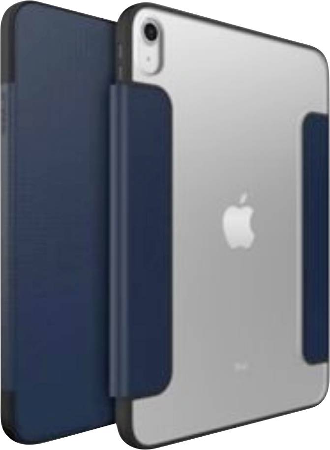 Rückansicht eines silbernen Apple iPad mit dunkelblauem Schutzetui, das die rückwärtige Kamera und das Apple-Logo zeigt.