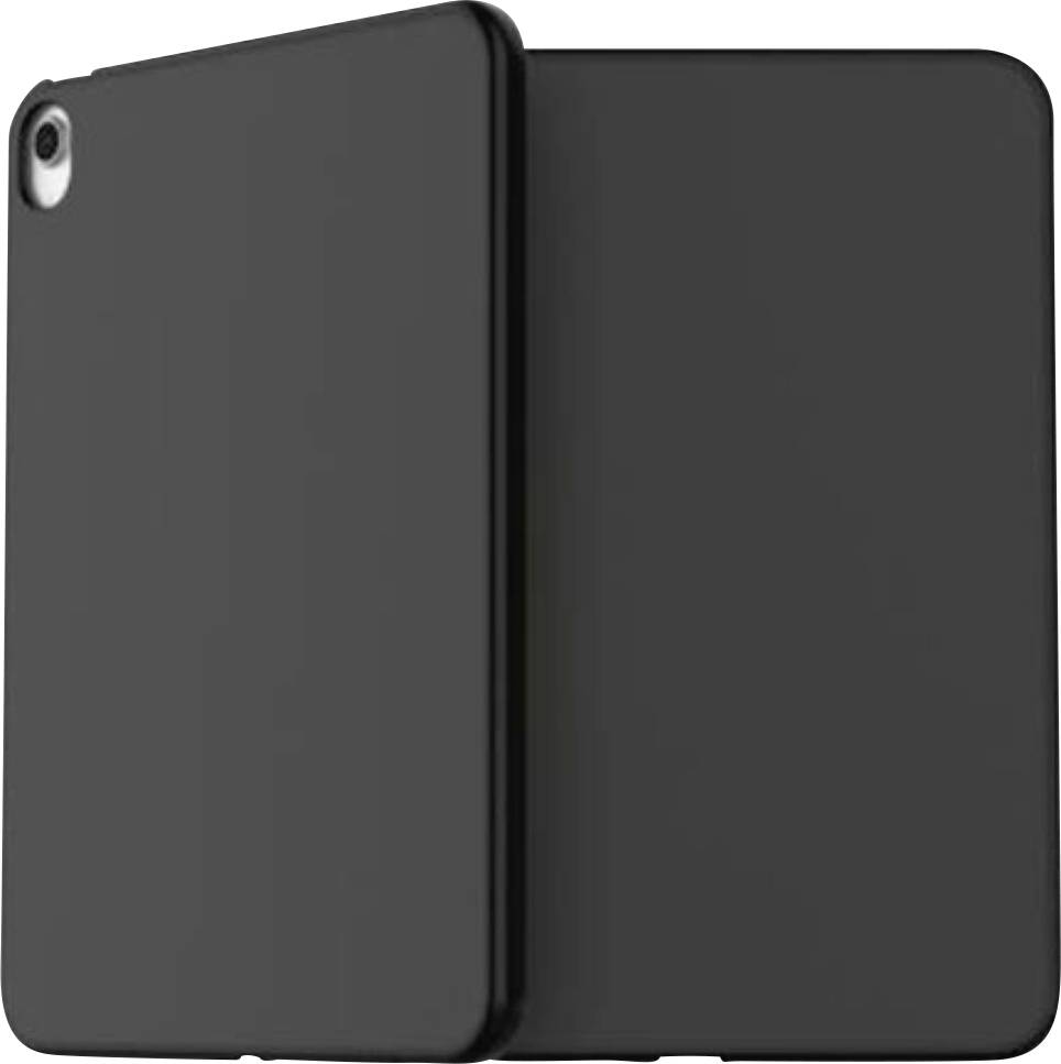 Schwarze Tablet-Schutzhülle im Folio-Stil mit vordenem Umschlag und hinterer Schale, geschlossen auf weißem Hintergrund dargestellt.