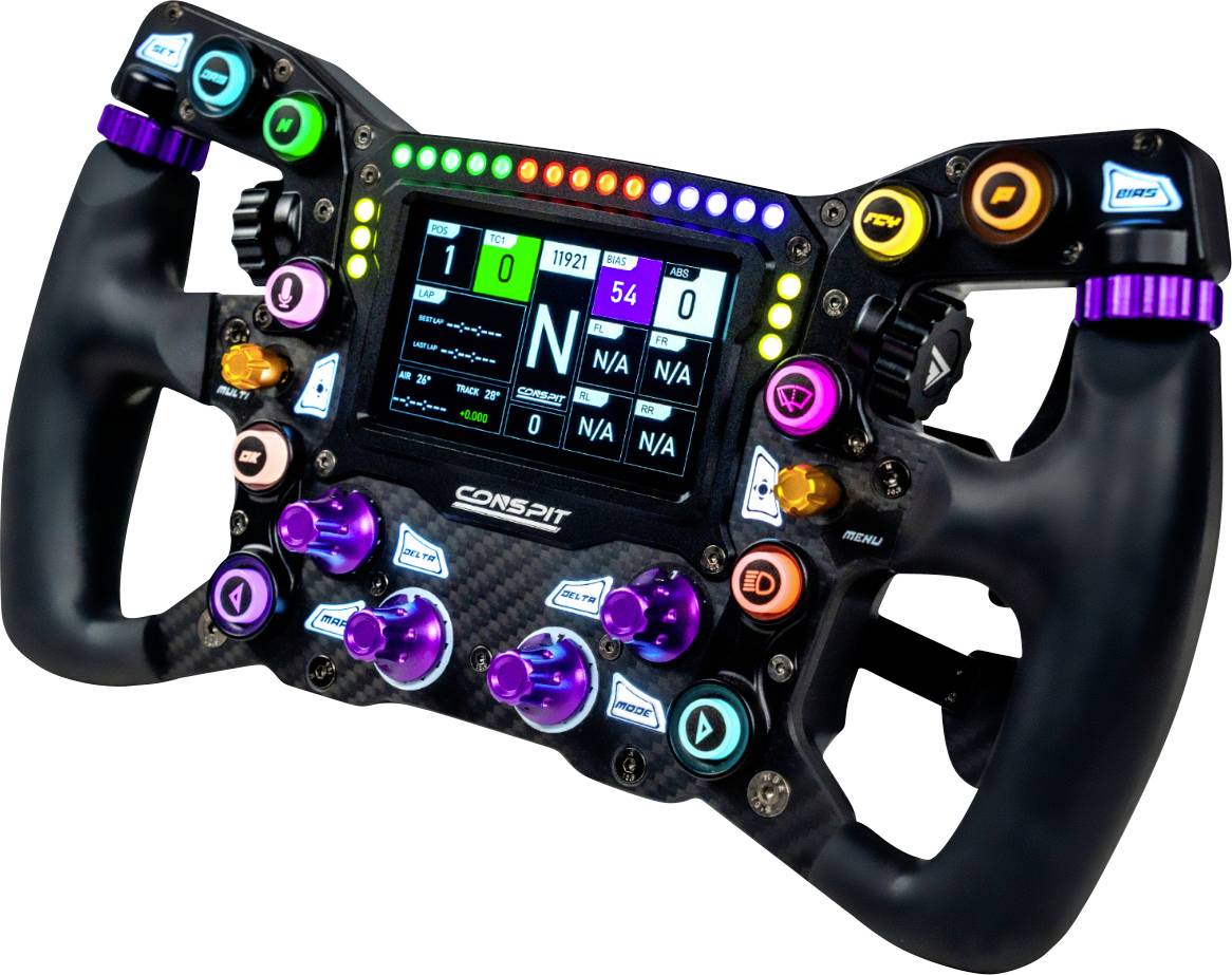 Ein Formel-1-Rennlenkrad mit einem zentralen digitalen Display und vielen beleuchteten Tasten und Drehreglern.