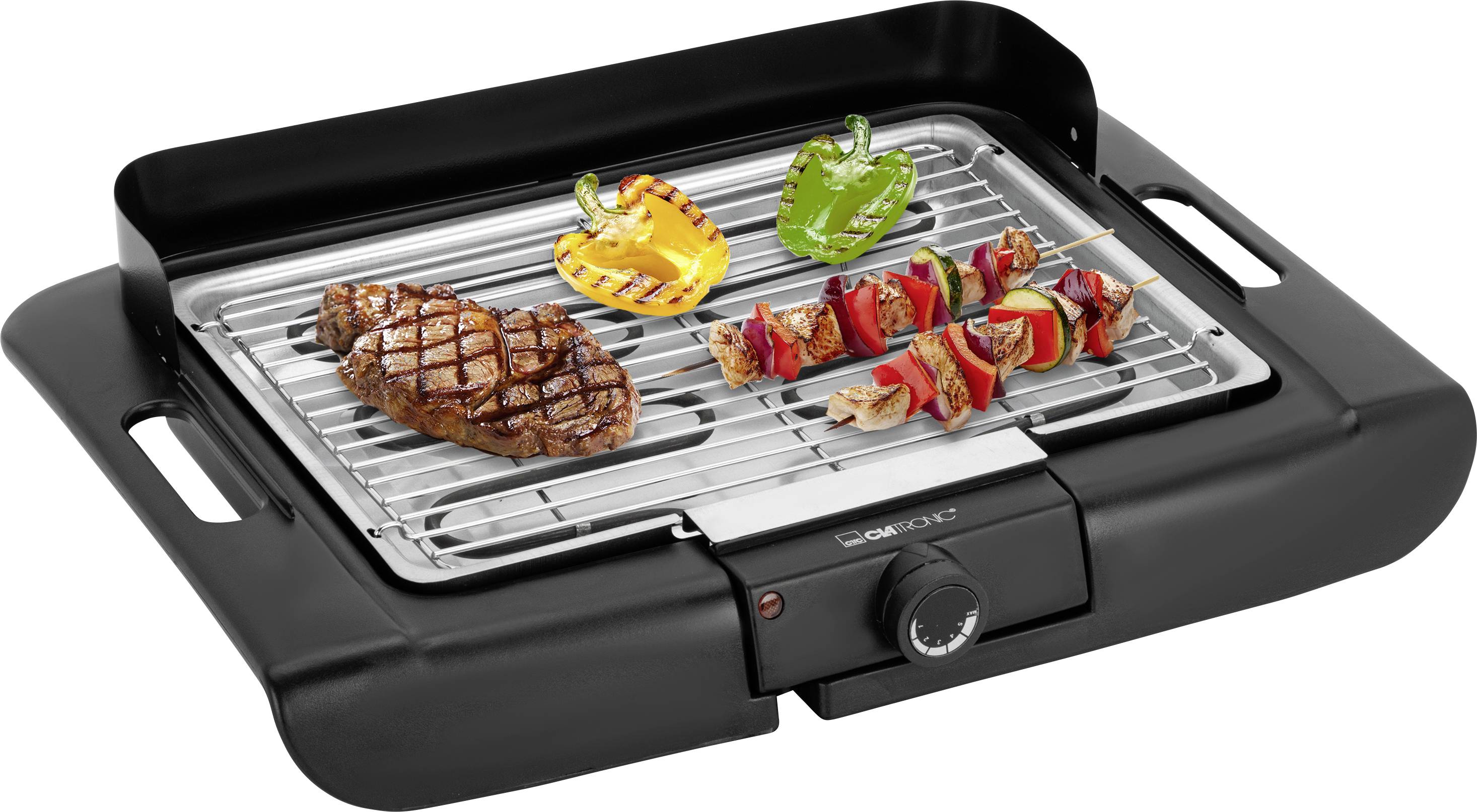 Schwarzer elektrischer Tischgrill mit einem Steak, Hähnchen-Spießen und zwei gefüllten Paprikaschoten auf dem Rost.