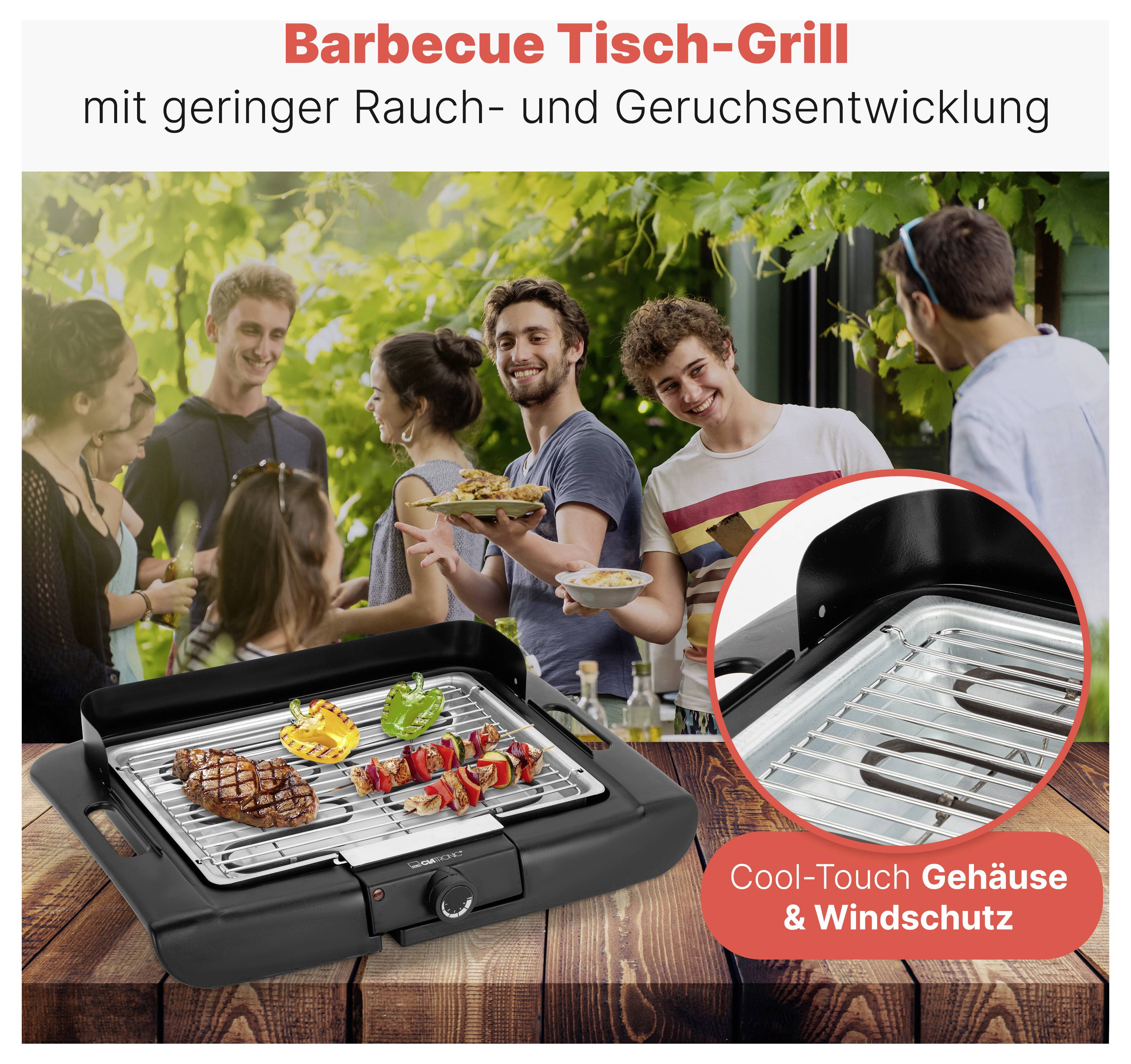 Werbeabbildung eines Tischgrills beim Grillen im Freien mit Personen im Hintergrund; hervorgehoben sind wenig Rauch, Cool-Touch-Gehäuse und Windschutz.