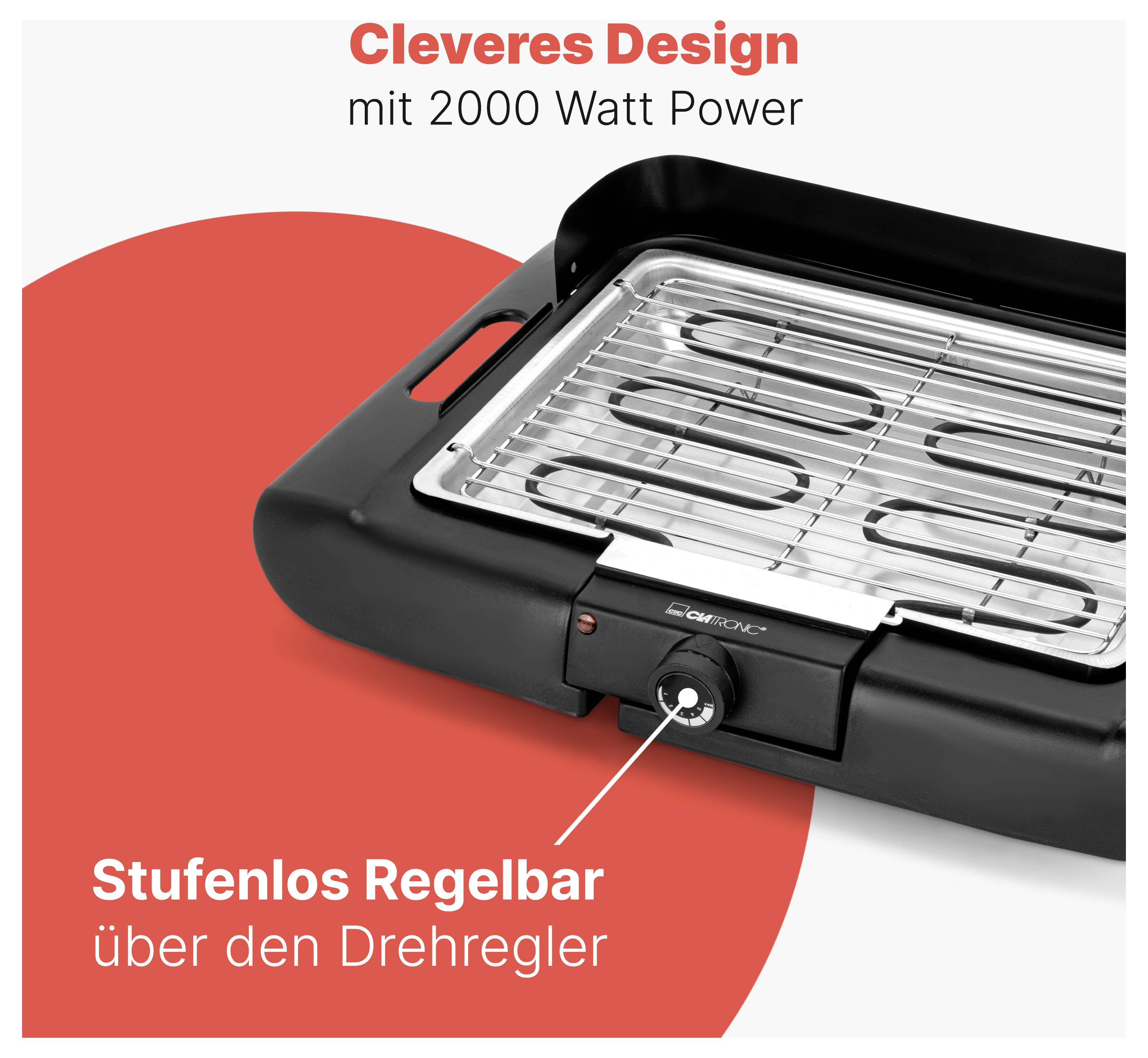 Produktbild eines elektrischen Tischgrills mit der Beschriftung 'Cleveres Design mit 2000 Watt Power' und 'Stufenlos regelbar über den Drehregler'; sichtbar ist der Regler vorne am Gerät.