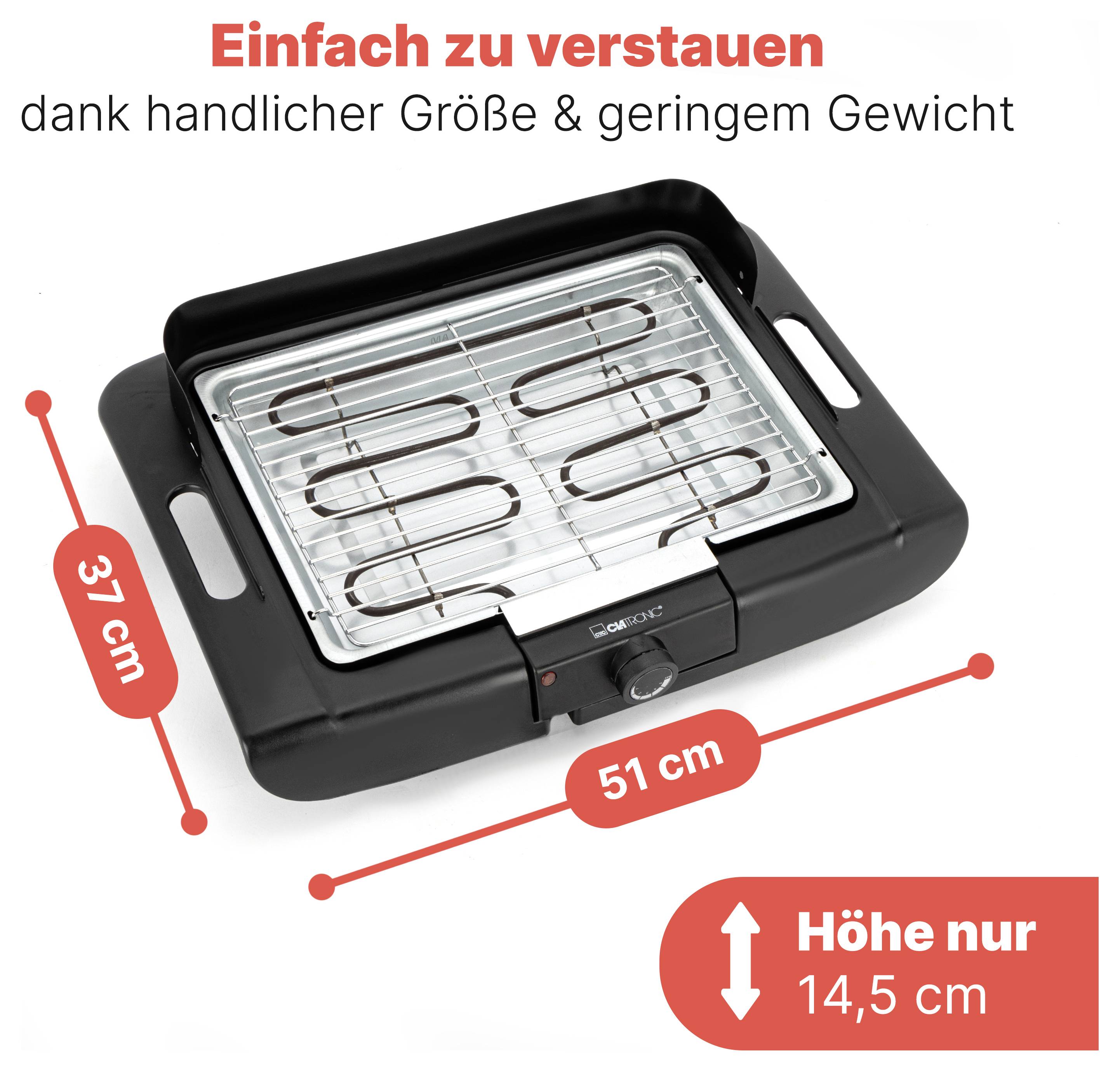Tragbarer Tischgrill mit Maßen 51 x 37 x 14,5 cm; Hinweis: 'Einfach zu verstauen' dank handlicher Größe und geringem Gewicht.