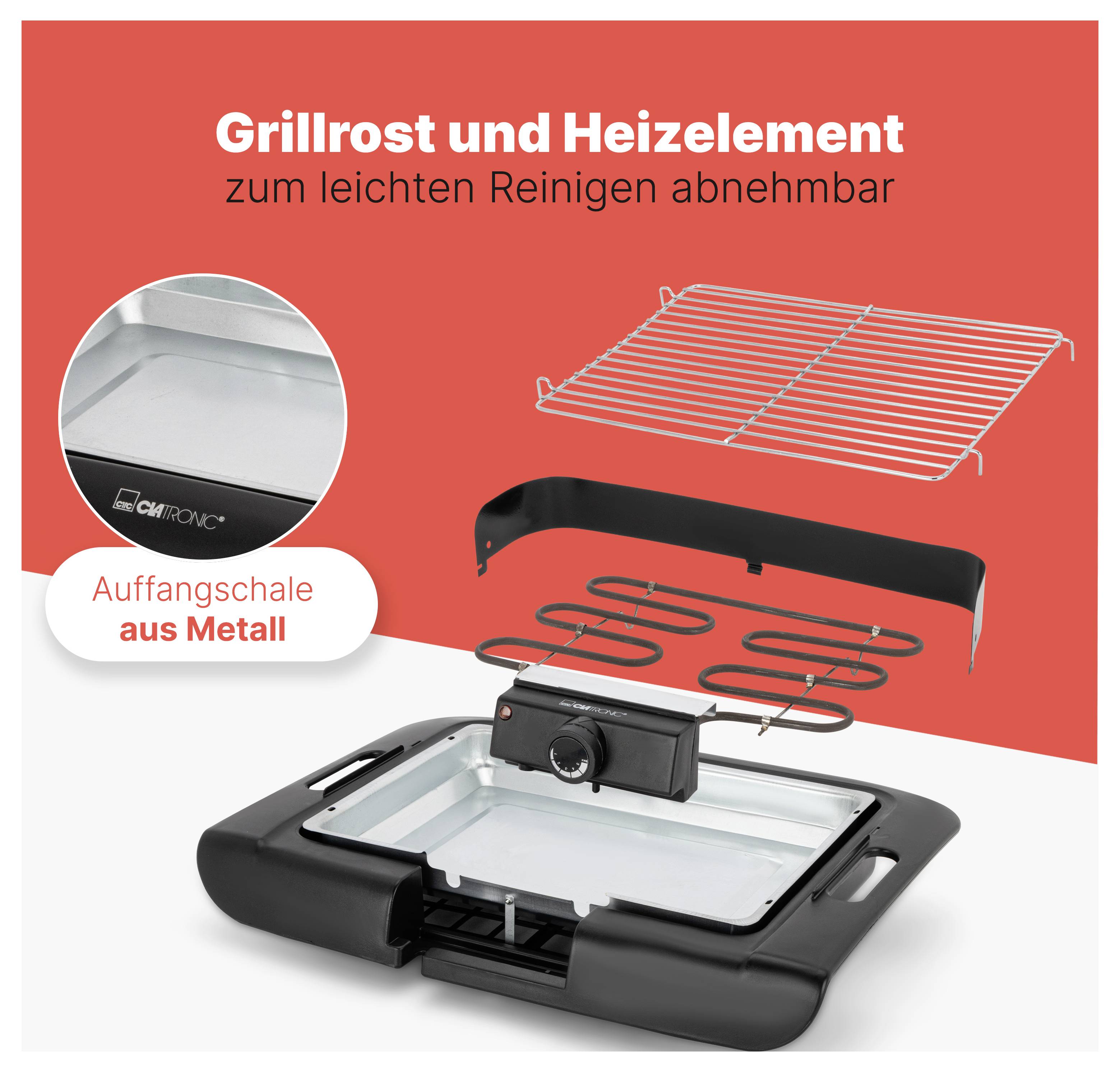 Elektrogrill mit abnehmbaren Teilen: Grillrost, Heizlement und Metall-Auffangschale; Hinweis 'Auffangschale aus Metall' und 'zum leichten Reinigen abnehmbar'.<br>
