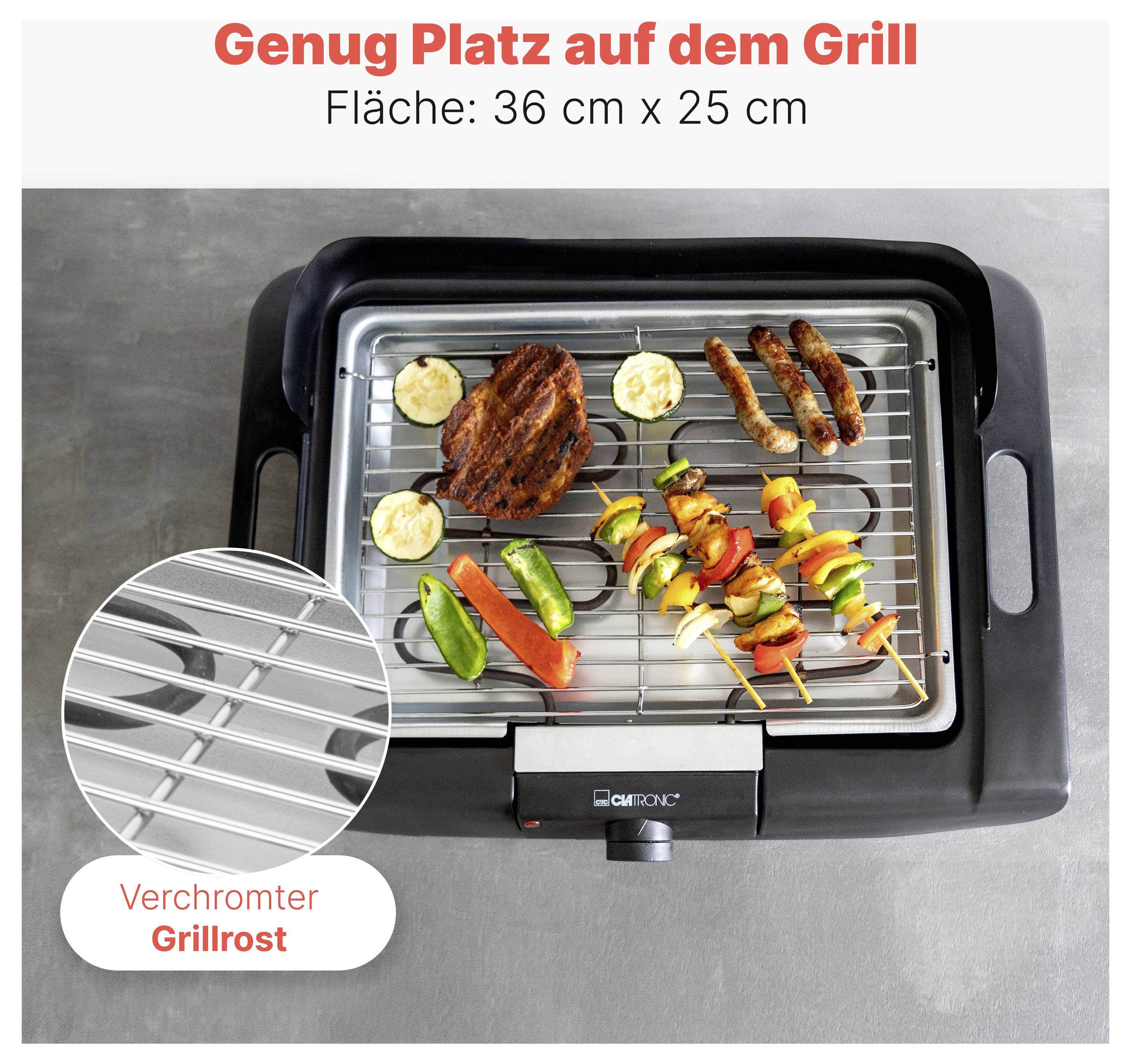 Werbegrafik eines Elektrogrills mit beschrifteter Fläche '36 cm x 25 cm' und 'Verchromter Grillrost', darauf Fleisch, Gemüse und Spieße.