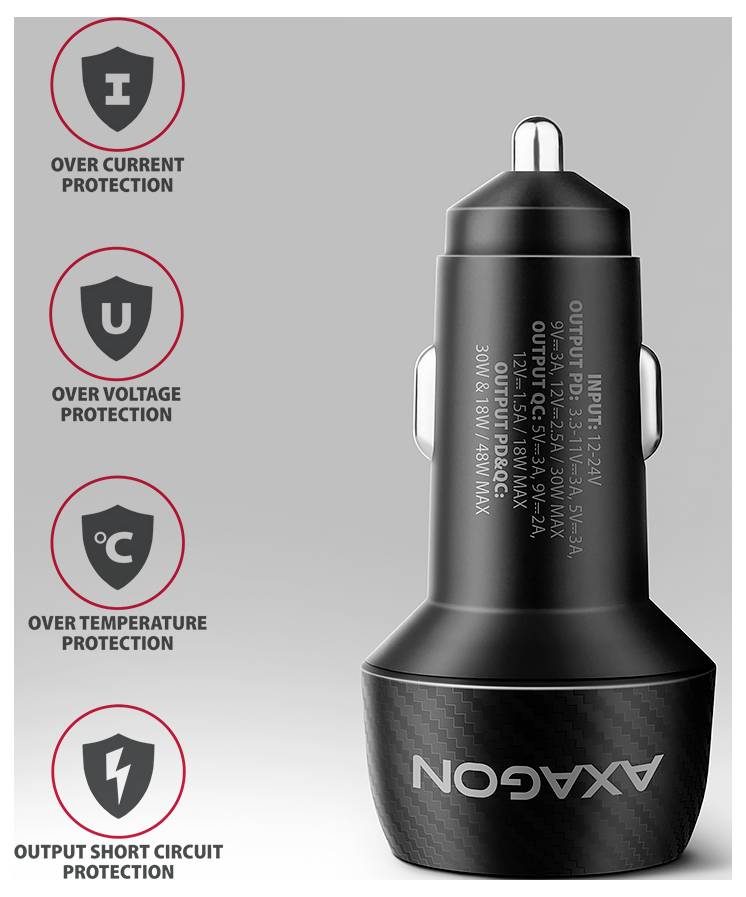 AXAGON Kfz Ladegerät 48 W USB-C® Buchse (Power Delivery), USB-A Buchse USB PD 3.0, Adaptive Fast Charge, USB PD 2.0, QC -4