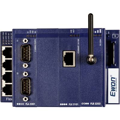 Modulares blaues industrielles Kommunikationsgerät mit Ethernet-Anschluss, zwei seriellen Anschlüssen und 3G-Antenne auf weißem Hintergrund.