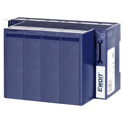 Blaues industrielles elektronisches Modul mit Kühlrippen und weißem Seitenetikett, dargestellt auf einfachem weißem Hintergrund.
