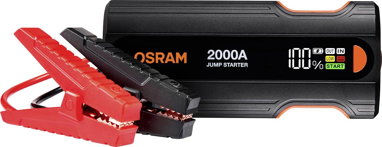 OSRAM 2000A Starthilfegerät mit angebrachten roten und schwarzen Batterieklemmen, zeigt einen 100%-Ladestandsanzeiger und Start-/Statusleuchten.
