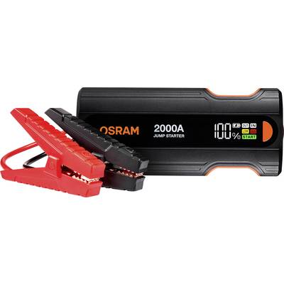 OSRAM 2000A Starthilfegerät mit angebrachten roten und schwarzen Batterieklemmen, zeigt einen 100%-Ladestandsanzeiger und Start-/Statusleuchten.