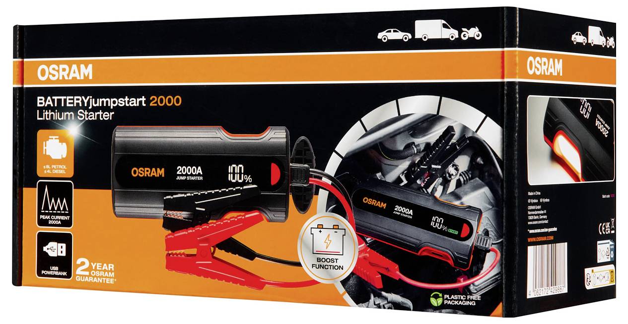 OSRAM BatteryJumpstart 2000 Lithium-Starterset in einer Schachtel mit Starthilfegerät und roten Klammenkabeln, abgebildet auf der Verpackung.