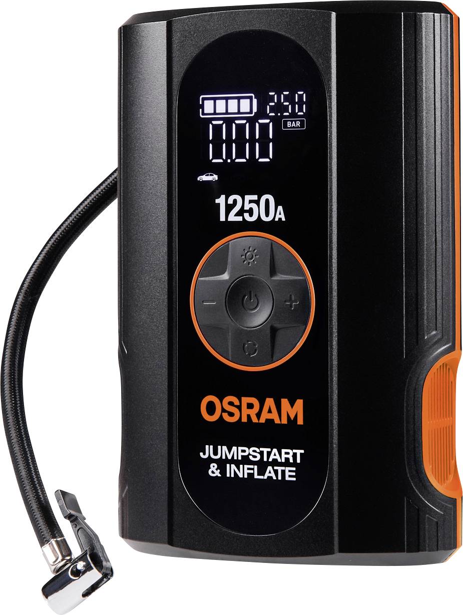 OSRAM Jumpstart & Inflate tragbares Batterieset mit digitaler Druckanzeige, 1250A Nennleistung, Steuerungstasten und angebrachtem Luftschlauchanschluss.