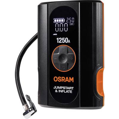 OSRAM Jumpstart & Inflate tragbares Batterieset mit digitaler Druckanzeige, 1250A Nennleistung, Steuerungstasten und angebrachtem Luftschlauchanschluss.