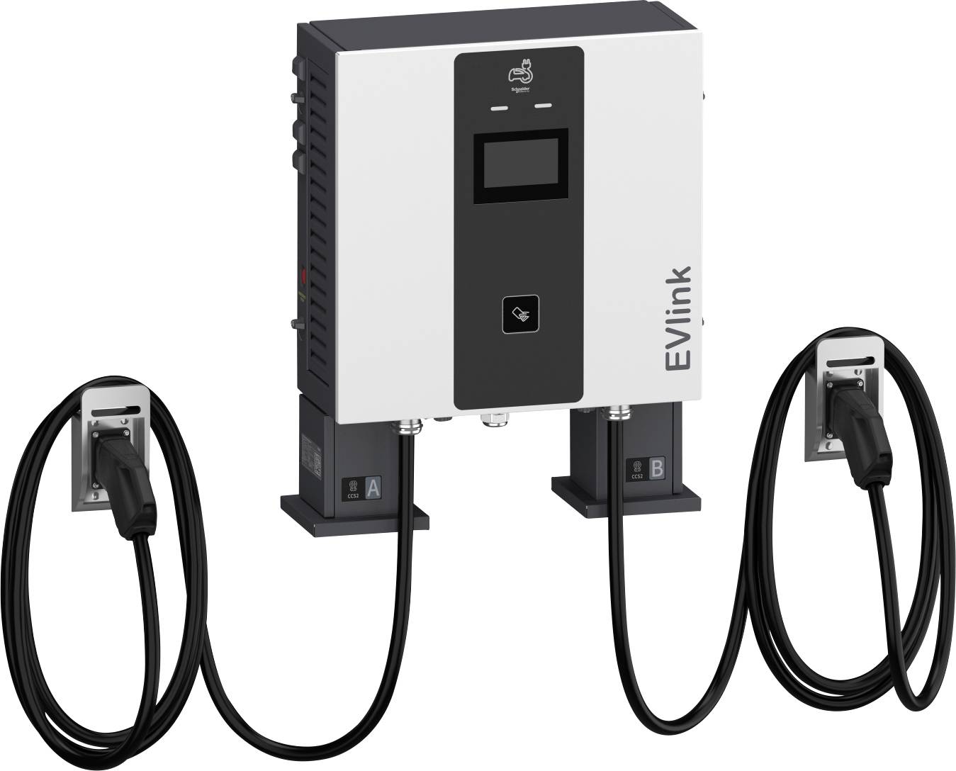 Wandmontierte EV-Ladestation mit der Bezeichnung "EVlink" mit zwei angeschlossenen Ladekabeln und Steckern, dargestellt als Dual-Port-Elektrofahrzeug-Ladegerät.
