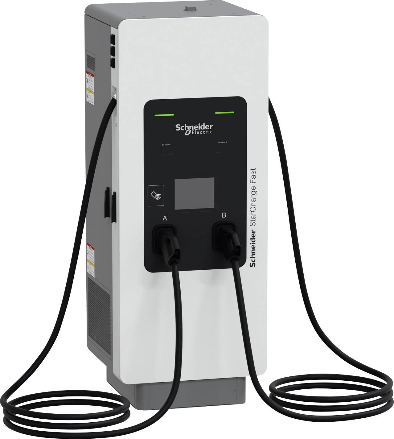 Schneider Electric Schnellladestation für Elektrofahrzeuge mit zwei angeschlossenen Ladekabeln auf einer weiß-schwarzen Sockelelement-Einheit.