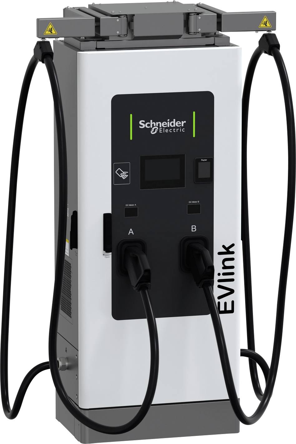 Schneider Electric EVlink Ladestation für Elektrofahrzeuge mit zwei Ladekabeln und frontalem Anzeigefeld.